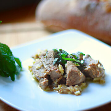Ein weißer Teller mit kleinen Lammfleischstückchen, gehackten Mandeln und Zwiebeln, garniert mit Koriander und Minze.