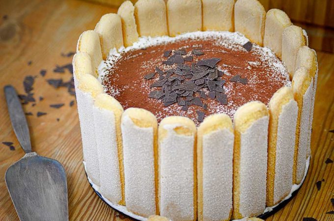 Eine Tiramisu-Charlotte in Nahaufnahme. Die Torte wird außen von Löffelbiskuits gesäumt.