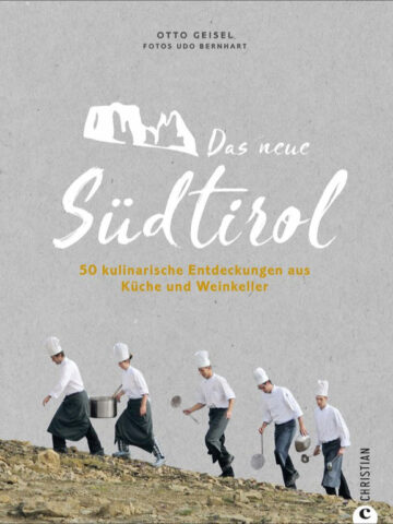 Das Buchcover von "Das neue Sürdtirol" zeigt fünf Köche, die einen Berg hinaufgehen.