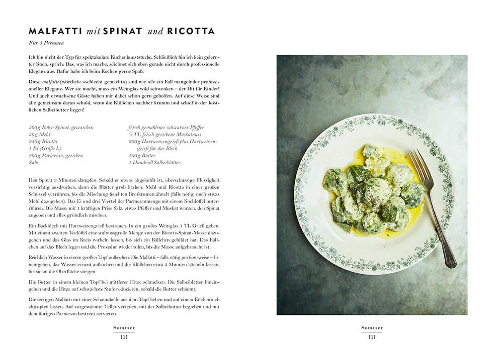 Buchseite aus "Venedig -das Kochbuch": Ein Teller mit Malfatti-Klößen, links daneben das Rezept.
