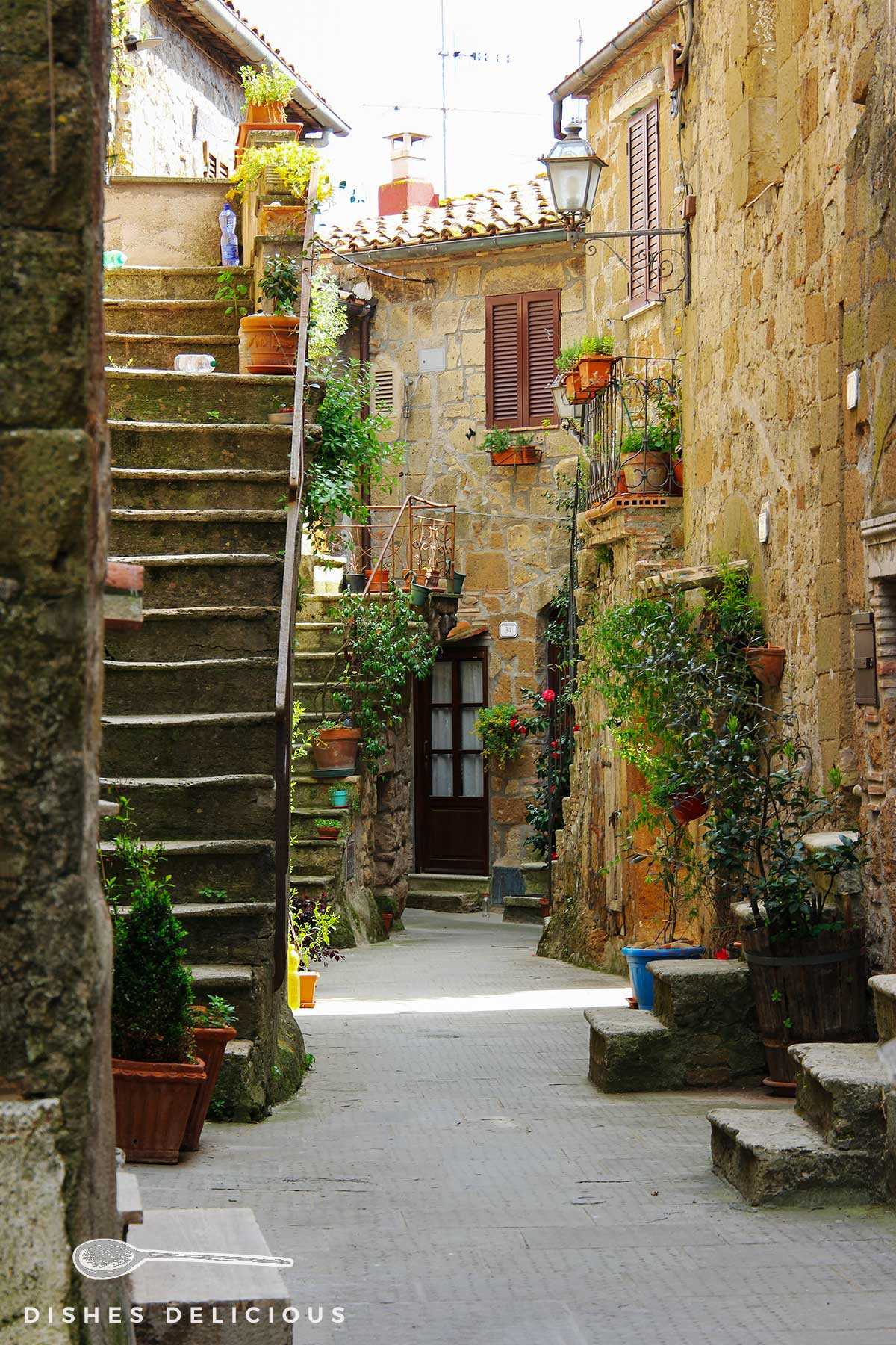 Foto einer mit Pflanzen geschmückten Gasse in Pitigliano. Eine Treppe führt zu einem Hauseingang.