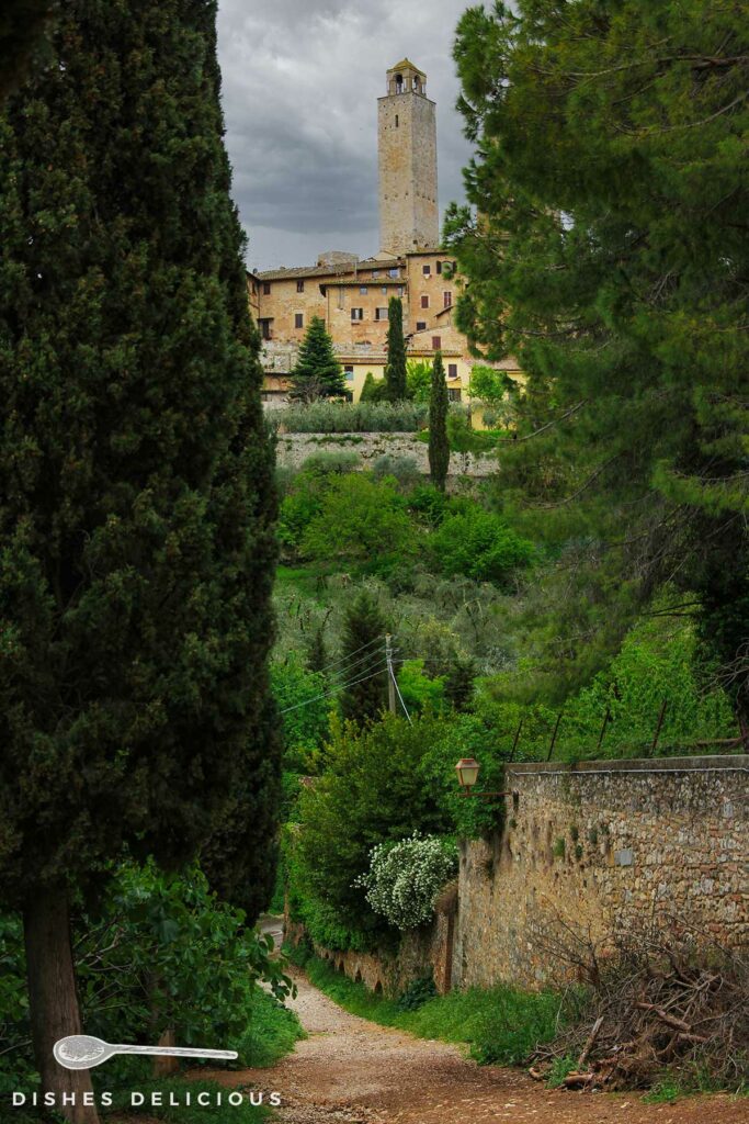 Foto eines Weges entlang der Stadtmauer von San Gimignano, im Hintergrund sieht man einen Geschlechterturm.