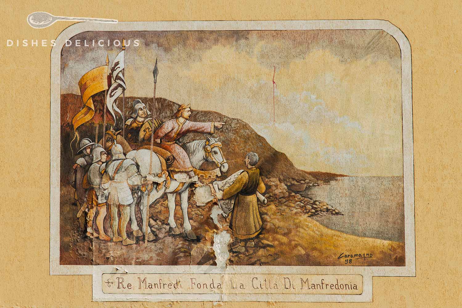 Wandgemeläde, das die Stadtgründung von Manfredonia durch Manfred zeigt.