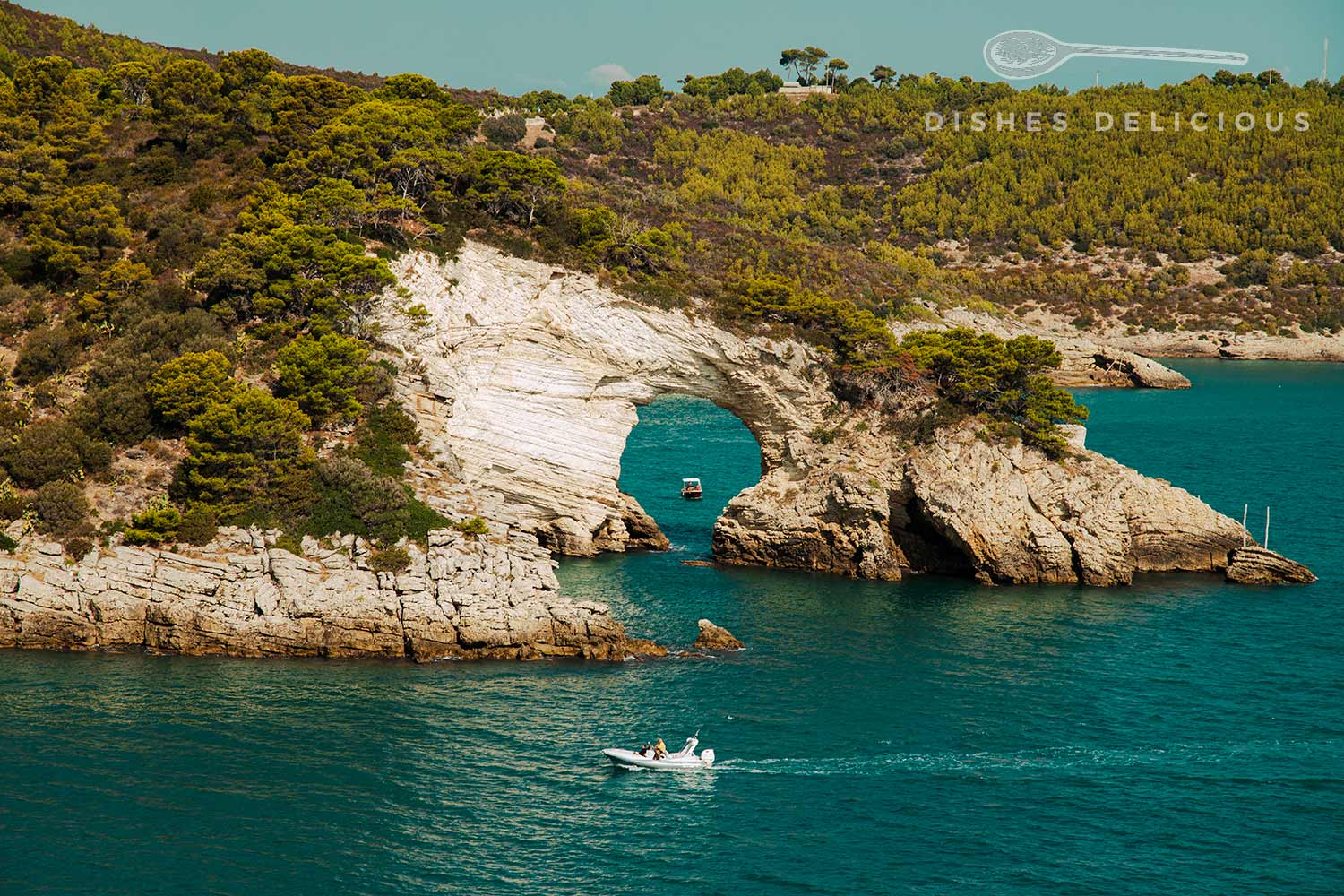 Arco San Felice - eine Felsformation im Meer mit einem bogenförmigen Loch, durch das ein Schiff fährt.