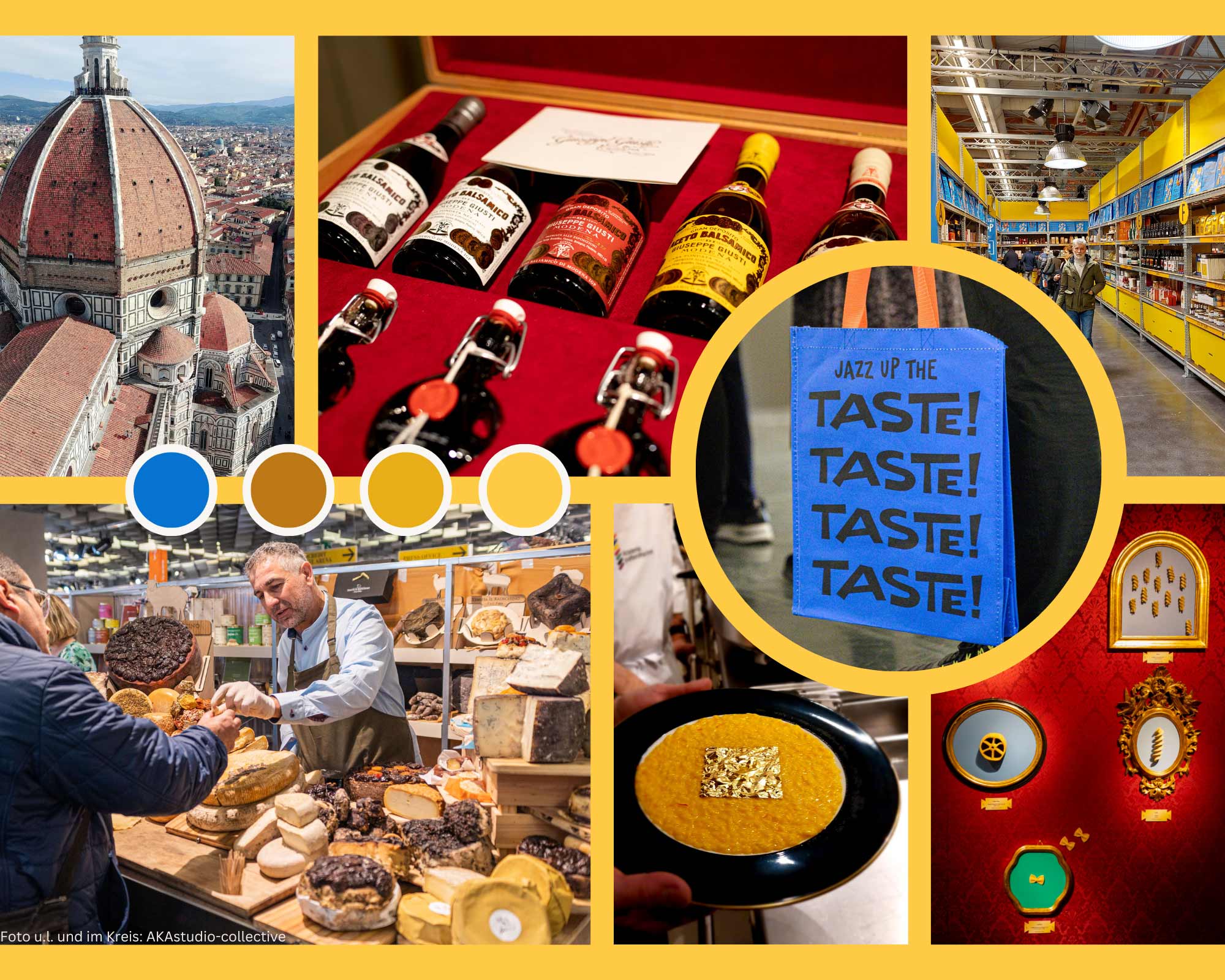 Collage mit verschiedenen Impressionen von der Food-Messe Pitti Taste 2023.