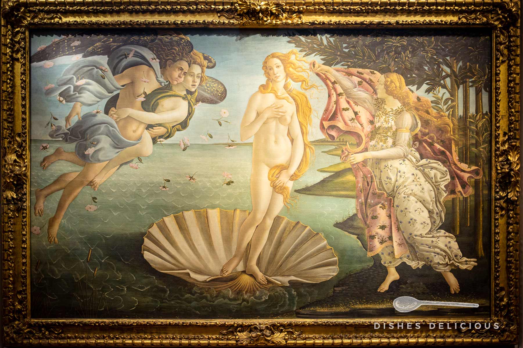 Gemäde "Die Geburt der Venus" von Botticelli mit der nackten Venus in einer Muschel.