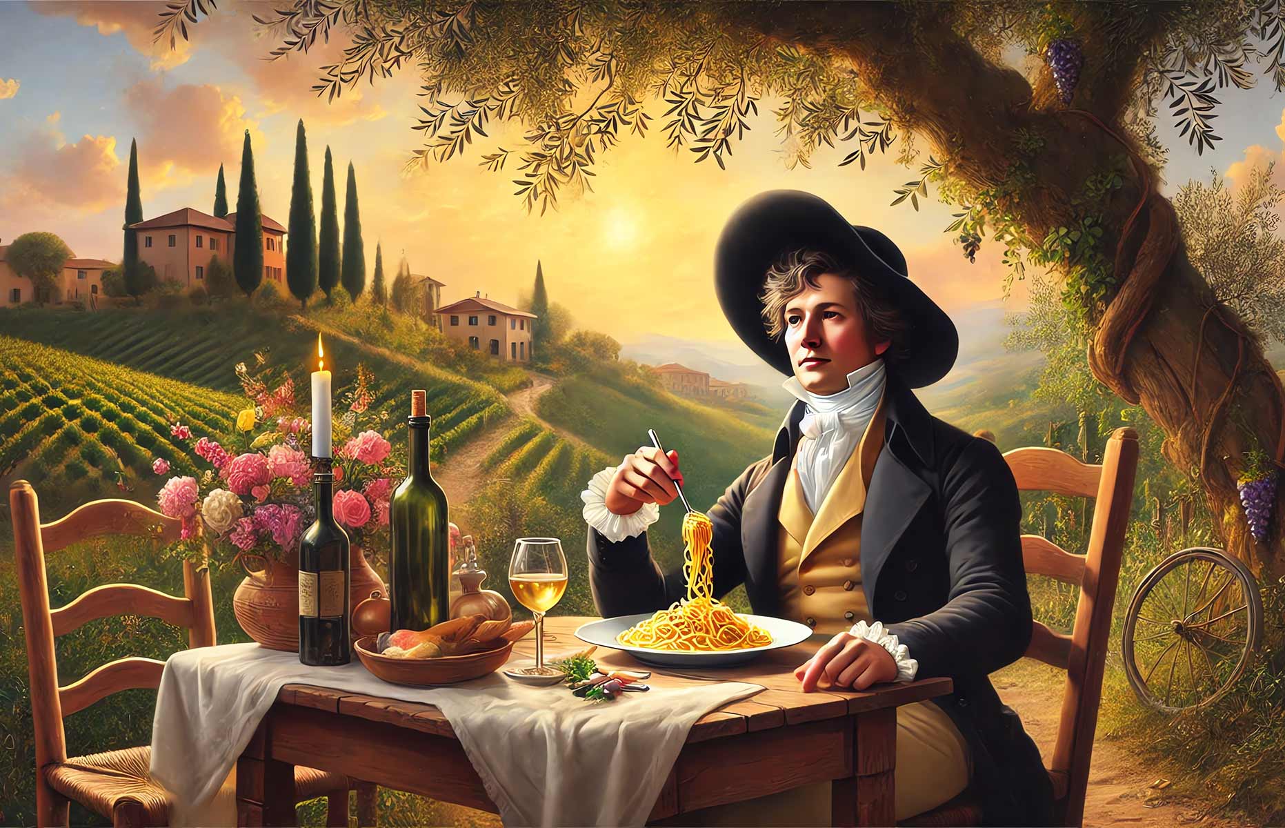 KI-Gemälde: Goethe sitzt in der italienischen Landschaft an einem Tisch und verspeist Spaghetti.