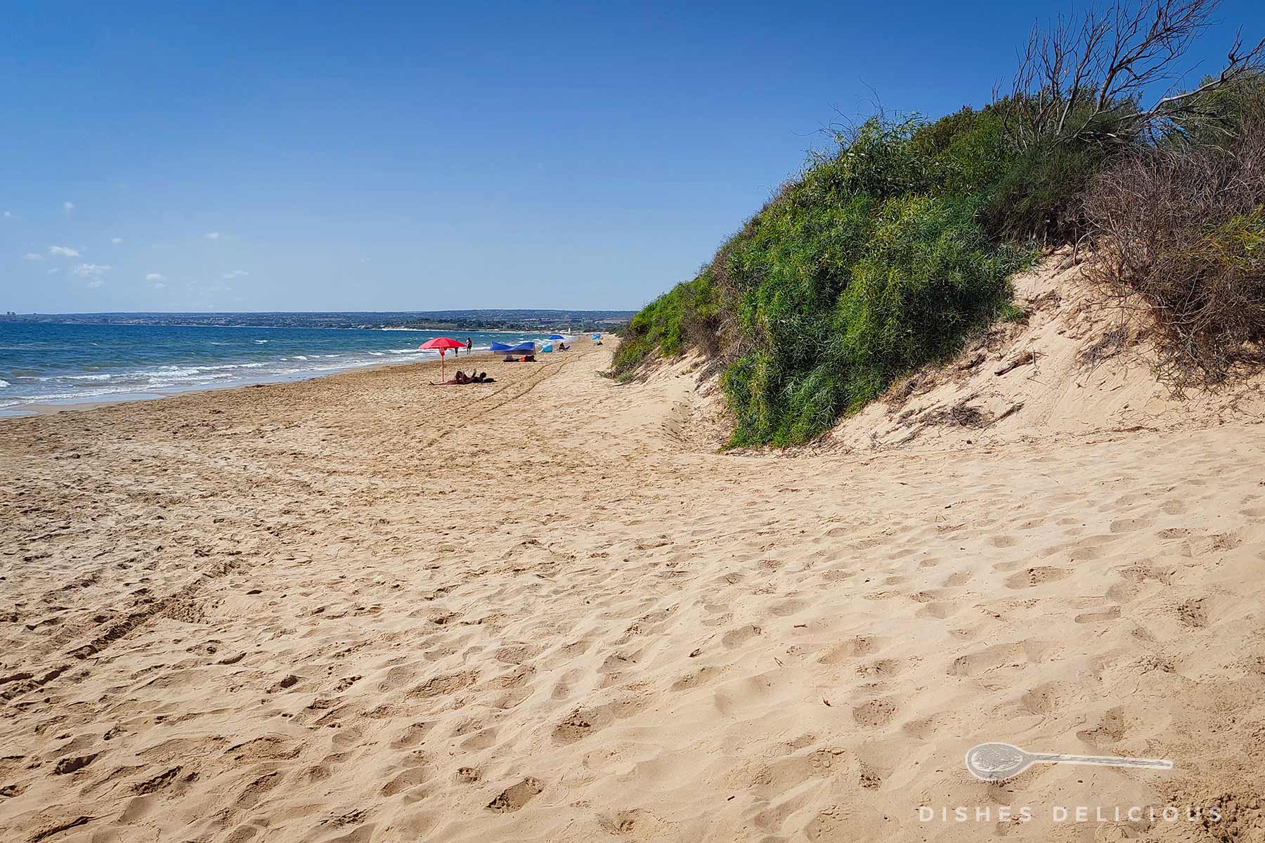 Ein langgezogener Sandstrand am Meer mit einer von Sträuchern bewachsenen Düne.
