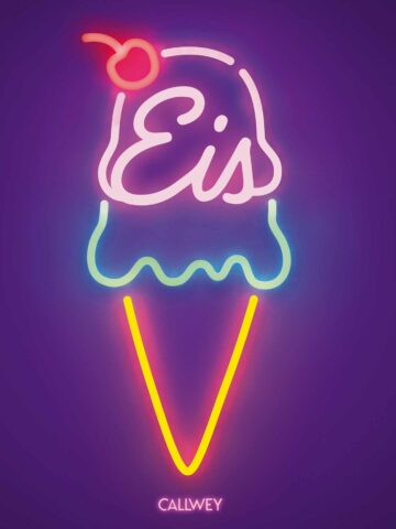 Buchcover von "Eis": Neon-Schriftzug 'Eis' in Form einer Eistüte mit Kirsche, Verlag Callwey