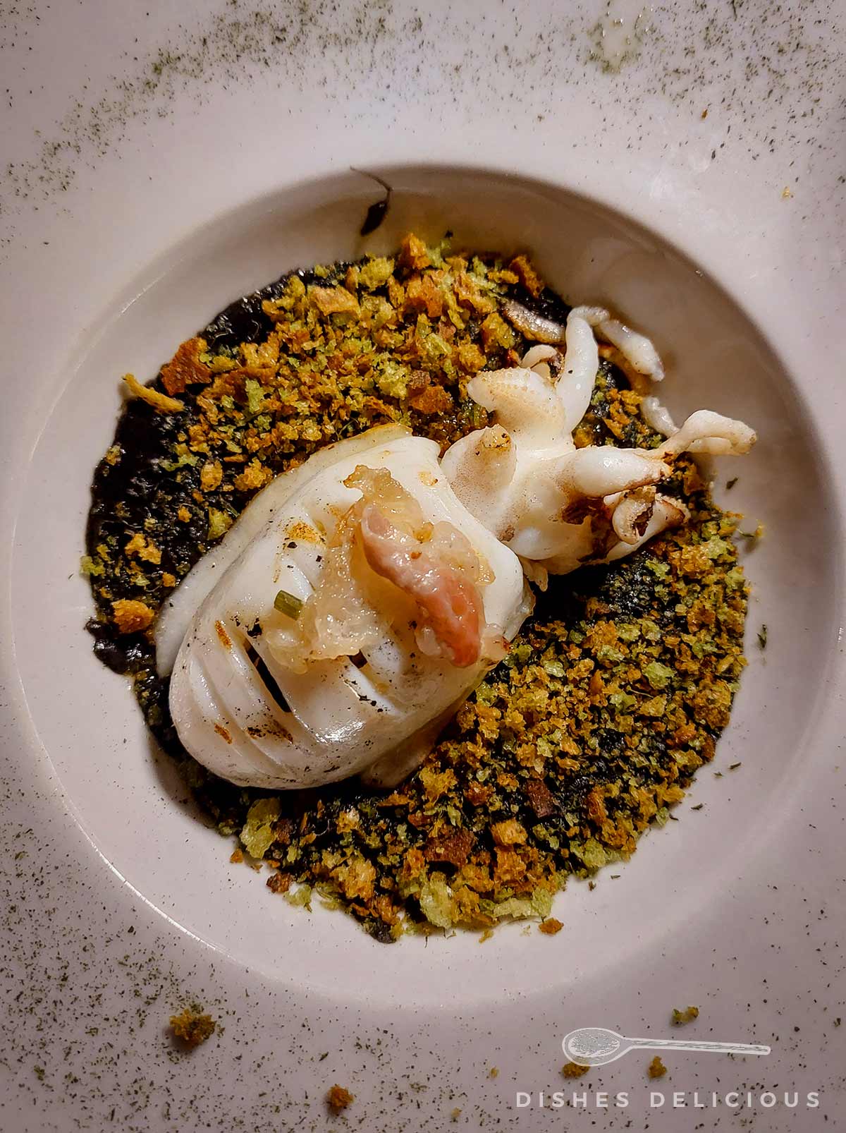 Gegrillter Tintenfisch auf einem Teller, umgeben von einer Kruste aus zerbröseltem Brot oder Gewürzen.