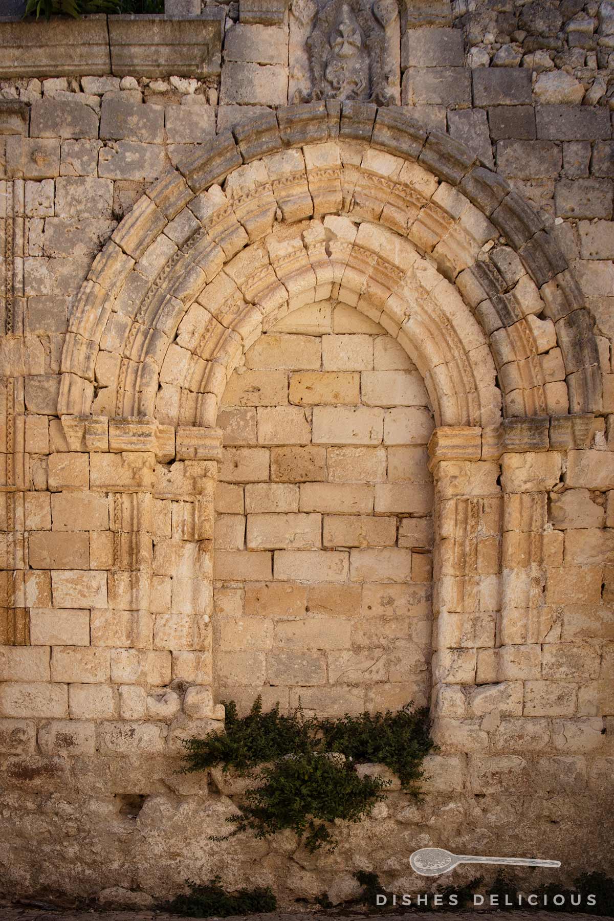 Ruine der Chiesa San Francesco: Steinmauer mit zugemauertem Spitzbogenfenster und Pflanzenbewuchs am unteren Rand.