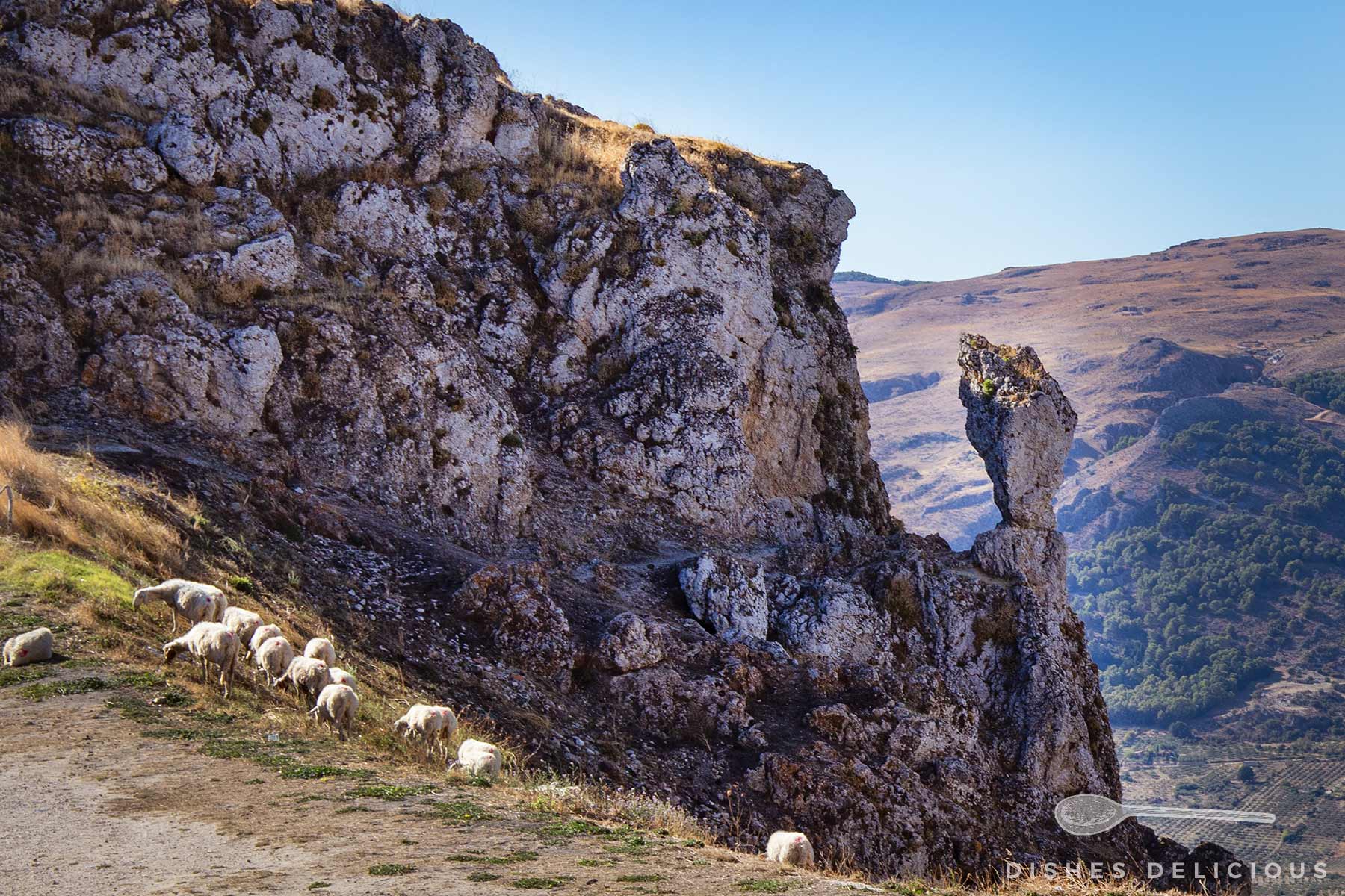 Schafe grasen am Fuß eines steilen, felsigen Hangs mit spitzem Felsvorsprung, im Hintergrund Hügel und blauer Himmel.