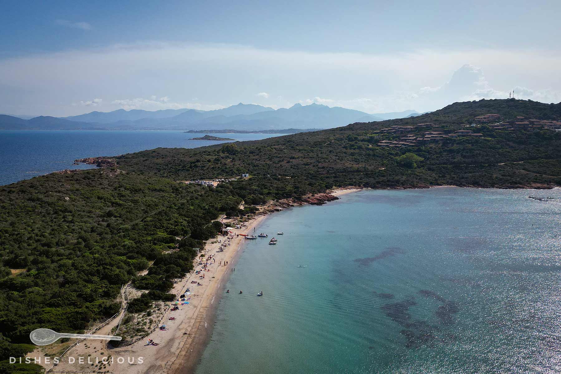 Luftaufnahme einer bewaldeten Halbinsel des Capo Cavallo mit Sandstrand und klarem Wasser an der Küste.